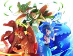  1boy 2girls :d :o abs bangs black_hair blue_eyes blue_hair blue_sailor_collar clenched_teeth collarbone commentary_request dark_skin dark_skinned_male fire flower gen_7_pokemon green_eyes green_hair hair_flower hair_ornament hairband hands_up kaki_(pokemon) leaf lobolobo2010 long_hair looking_at_viewer lurantis mao_(pokemon) multicolored_hair multiple_girls no_sclera one-piece_swimsuit open_mouth pokemon pokemon_(creature) pokemon_(game) pokemon_sm red_hair sailor_collar salazzle shirt shirtless short_hair sleeveless smile suiren_(pokemon) swept_bangs swimsuit swimsuit_under_clothes teeth tongue trial_captain twintails water wishiwashi wishiwashi_(school) wishiwashi_(solo) 