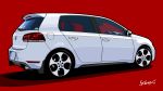  absurdres car from_side ground_vehicle highres motor_vehicle no_humans original red_background signature solo vehicle_focus volkswagen volkswagen_golf yuh_7929 