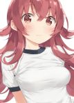  1girl blush breasts commentary_request highres idolmaster idolmaster_shiny_colors komiya_kaho long_hair looking_at_viewer peko red_eyes red_hair shirt small_breasts solo tight_shirt upper_body white_background white_shirt 