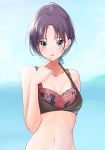  1girl :d absurdres alternate_hairstyle antenna_hair asakura_tooru bangs bare_arms bikini black_bikini blue_background blue_eyes blurry blurry_background blush breasts cleavage collarbone finger_to_chin halterneck highres idolmaster idolmaster_shiny_colors layered_bikini leaf_print looking_at_viewer multicolored_hair open_mouth parted_bangs ponytail print_bikini red_bikini sleeveless small_breasts smile solo swimsuit tomatology3 two-tone_hair upper_body 