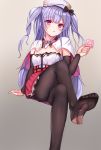  1girl ajax_(azur_lane) azur_lane beret black_legwear blush condom crossed_legs feet footjob hat highres long_hair looking_at_viewer no_shoes open_mouth penis penis_under_clothes purple_eyes red_skirt simple_background sitting skirt soles solo_focus suangyue_qiuhua torn_clothes torn_legwear 