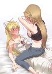  2girls bangs bed_sheet belt black_shirt black_tank_top blush bow bra breasts brown_hair capri_pants cleavage commentary_request crossed_arms dress earrings girl_on_top granblue_fantasy grey_belt grey_bra grey_pants hair_between_eyes hair_bow high_ponytail highres jewelry katalina_aryze large_breasts long_hair looking_at_another lying midriff miso-ha_(ukyuu) multiple_girls on_back pants ponytail red_eyes red_ribbon ribbon shirt shirt_lift sidelocks strap_slip tank_top underwear vira_lilie white_background white_dress yuri 