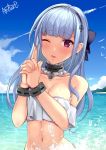  1girl ;d anchor_choker azur_lane bangs bare_shoulders bikini bird blue_sky blunt_bangs blush bow bracelet breasts choker cleavage cloud collarbone commentary_request day detached_sleeves dido_(azur_lane) earrings eyebrows_visible_through_hair finger_gun fingernails frilled_choker frills hair_bow hairband heart heart_earrings highres jewelry lace-trimmed_hairband large_breasts long_fingernails long_hair looking_at_viewer midriff navel ocean one_eye_closed open_mouth outdoors own_hands_together pink_nails purple_eyes purple_headband shaketarako signature silver_hair sky smile solo standing strapless strapless_bikini swimsuit upper_body waves white_bikini white_sleeves 
