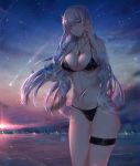  1girl absurdres anastasia_(fate/grand_order) bangs bare_shoulders bikini black_bikini blue_eyes blue_sky blush breasts cleavage cocktail_glass collarbone cup drinking_glass fate/grand_order fate_(series) gradient_sky hair_over_one_eye hairband hand_in_hair highres hitomin_(ksws7544) jewelry large_breasts long_hair looking_at_viewer navel necklace pendant purple_sky shooting_star silver_hair sky smile star_(sky) starry_sky sunset swimsuit thigh_strap thighs twilight 