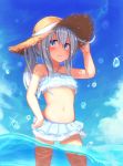  1girl alternate_hairstyle bad_id bad_pixiv_id bikini bikini_skirt bird blue_eyes blue_sky blush cloud commentary_request day diffraction_spikes eyebrows_visible_through_hair frilled_bikini frills hair_between_eyes hat hibiki_(kantai_collection) kantai_collection looking_at_viewer navel ocean outdoors ponytail reitou_mikan seagull silver_hair sky solo straw_hat swimsuit wading white_bikini 