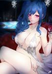  1girl absurdres alcohol apj azur_lane backless_dress backless_outfit bangs bare_shoulders blue_hair blue_nails blurry blurry_background breasts champagne_flute cleavage closed_mouth crossed_legs cup dress drinking_glass earrings evening_gown grey_dress hair_between_eyes halter_dress highres holding holding_cup indoors jewelry large_breasts nail_polish necklace pale_skin pink_eyes pink_lips plunging_neckline pool revealing_clothes side_ponytail sideboob sidelocks silver_dress sitting st._louis_(azur_lane) st._louis_(luxurious_wheels)_(azur_lane) thighs 