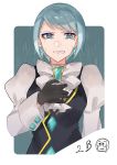  1girl absurdres arm_at_side black_gloves blue_earrings blue_eyes bow brooch clenched_teeth crying crying_with_eyes_open gloves gyakuten_saiban gyakuten_saiban_2 hand_up highres jewelry karuma_mei light_blue_hair long_sleeves looking_at_viewer mole mole_under_eye puffy_long_sleeves puffy_sleeves rin_(yukameiko) short_hair simple_background solo tears teeth upper_body vest wet white_bow white_neckwear 