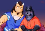  anthro asian_mythology beard blue_clothing blue_shirt blue_topwear blush brown_hair clothed clothing controller dave_(password) dragon duo east_asian_mythology eastern_dragon eye_contact facial_hair fully_clothed fur furniture gesture grey_body grey_fur hair hi_res holding_controller holding_object hoodie horn humanoid_hands hyaenid jewelry looking_at_another male mammal mythology necklace orange_hoodie orlando_(password) password_(grizz) pointing ryu_noshinshi shirt simple_background sitting smile striped_hyena teeth topwear video_games yellow_body 