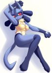  2020 anthro bedroom_eyes black_body black_fur blue_body blue_fur breasts canid canine fan_character female fur lucario mammal narrowed_eyes nintendo pok&eacute;mon pok&eacute;mon_(species) seductive simple_background solo spikes spikes_(anatomy) unousaya video_games white_background 