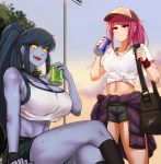  2girls :d :| airisubaka artist_name bag bare_shoulders black_choker black_hair black_legwear black_shorts blue_skin breasts can choker closed_mouth clothes_around_waist commentary crop_top crop_top_overhang crossed_legs earrings english_commentary groin hat highres jacket_around_waist jewelry kneehighs large_breasts leah_(airisubaka) long_hair medium_breasts midriff multiple_girls navel no_pupils open_mouth orange_eyes original pandy_(airisubaka) ponytail purple_hair revision shirt short_shorts short_sleeves shorts signature sitting smile sweat tied_shirt white_shirt wristband yellow_sclera 