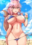  1girl absurdres animal_ear_fluff animal_ears bikini blue_bikini blush breasts cleavage eyebrows_visible_through_hair fate/extella fate/extra fate/grand_order fate_(series) fox_ears fox_girl fox_tail groin highres jo_(pixiv29989419) large_breasts looking_at_viewer navel ocean open_mouth pink_hair side-tie_bikini solo swimsuit tail tamamo_(fate)_(all) tamamo_no_mae_(swimsuit_lancer)_(fate) yellow_eyes 
