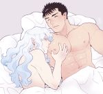  2boys androgynous bara berserk black_hair blue_eyes chest griffith guts long_hair male_focus multiple_boys muscle nipples pectoral_grab pectorals redjack_036 silver_hair sleeping spiked_hair upper_body wavy_hair white_hair yaoi 