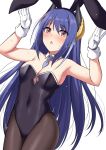 1girl animal_ears bangs bare_shoulders black_legwear black_leotard blue_hair blush breasts brown_eyes bunny_ears cleavage covered_navel detached_collar gloves hands_up highleg highleg_leotard horns horosuke_(toot08) leotard long_hair looking_at_viewer medium_breasts open_mouth pantyhose princess_connect! princess_connect!_re:dive rei_(princess_connect!) simple_background thighs white_background wrist_cuffs 