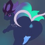  1:1 absurd_res animal_genitalia animal_penis anus balls black_sclera bright butt canine_penis cyrius_solstice_(cyriussolstice) dark_eyes dark_fur dark_sclera erection feral fur genitals hair hi_res imces legendary_pok&eacute;mon long_hair looking_at_viewer looking_back male mammal nintendo penis pok&eacute;mon pok&eacute;mon_(species) presenting presenting_anus presenting_hindquarters ribbons simple_background smile snowflake solo spreading suicune thick_thighs video_games 