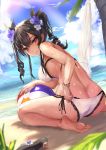  1girl absurdres ass ball bangs barefoot beachball bikini black_hair blush breasts butt_crack curly_hair flower hair_between_eyes hair_flower hair_ornament highres large_breasts looking_at_viewer looking_back manichi medium_hair mole mole_under_mouth original outdoors shiny shiny_skin shoes_removed sidelocks smile soles swimsuit twintails wet white_bikini wristband 