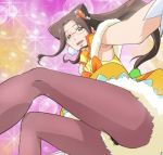  armpit_hair armpits brown_eyes brown_hair cosplay cure_sparkle cure_sparkle_(cosplay) glasses haruyama_kazunori healin&#039;_good_precure kusaka_orie long_hair looking_at_viewer magical_girl open_mouth pantyhose ponytail precure pubic_hair smile sparkle_background 
