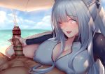  1boy 1girl :d ak-12_(girls_frontline) artificial_eye bangs beach beach_umbrella blue_sky blunt_bangs blush breast_rest breasts cleavage cloud covered_nipples cum ejaculation erection eyebrows_visible_through_hair girls_frontline glowing glowing_eye handjob large_breasts long_hair lying mechanical_eye mingke nipples nude ocean on_back one_eye_closed open_mouth out_of_frame penis projectile_cum sand shade silver_hair skin_tight sky smile sweat thighs umbrella water wetsuit 