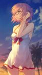  1girl 7aehyun bangs bare_shoulders beach blue_sky breasts collarbone dress_swimsuit fate/grand_order fate_(series) glasses gradient_sky hair_over_one_eye hand_in_hair highres large_breasts lavender_hair mash_kyrielight orange_sky palm_tree purple_eyes short_hair sky smile sunset swimsuit swimsuit_of_perpetual_summer tree twilight white_swimsuit 