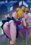  1girl ass bishoujo_senshi_sailor_moon blonde_hair blue_eyes blue_sailor_collar bow choker double_bun earrings elbow_gloves evening gloves hair_ornament jewelry long_hair looking_at_viewer magical_girl moon night night_sky outdoors panties red_bow red_choker sailor_collar sailor_moon sailor_senshi sailor_senshi_uniform skirt sky solo the_other_half twintails underwear white_gloves 