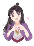  1girl :d absurdres ayasato_mayoi black_hair blush gyakuten_saiban hair_ornament half_updo heart heart_hands highres japanese_clothes jpeg_artifacts long_hair looking_at_viewer magatama_necklace open_mouth purple_eyes rin_(yukameiko) simple_background smile solo upper_body white_background 