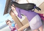  2girls :d architecture ayasato_harumi ayasato_mayoi ball black_hair brown_hair dated dumas dutch_angle east_asian_architecture gyakuten_saiban hair_rings half_updo hands_up japanese_clothes jewelry long_hair low-tied_long_hair magatama magatama_necklace miyai_sen multiple_girls necklace open_mouth outdoors short_hair sidelocks smile 