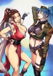  bangs bare_shoulders blue_eyes blue_hair breasts brown_eyes brown_hair cleavage collarbone dress earrings eyepatch fan floral_print folding_fan gloves hat high_ponytail holster jewelry kishizuka_kenji large_breasts leona_heidern long_hair military navel ninja no_bra parted_bangs patch pelvic_curtain ponytail red_dress revealing_clothes shiranui_mai smile snk_heroines:_tag_team_frenzy soldier standing strap the_king_of_fighters thighs thong underboob very_long_hair 