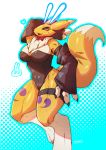  2020 absurd_res agitype01 anthro blush breasts canid canine claws clothing digimon digimon_(species) fur gloves handwear hi_res looking_at_viewer mammal renamon simple_background smile white_background yellow_body yellow_fur 