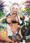  1girl animal_ears belt bikini bikini_top blue_eyes breasts caenis_(fate) cup dark_skin denim denim_shorts dog_tags drinking_glass drinking_straw fate/grand_order fate_(series) food fruit hairband large_breasts lemon lemon_slice micro_shorts navel shorts single_thighhigh sitting sokuse_kienta studded_belt sun swimsuit tattoo thighhighs toned white_hair 