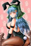  1girl alternate_costume animal_ears ass bare_shoulders black_legwear black_leotard blue_hair blush breasts bunny_ears bunny_tail bunnysuit carrot_hair_ornament closed_mouth fake_animal_ears fake_tail fishnet_legwear fishnets food_themed_hair_ornament hair_ornament haniwa_(statue) haniyasushin_keiki head_scarf highres large_breasts leotard long_hair looking_at_viewer one_eye_closed oshiaki pantyhose red_eyes sideboob sitting smile solo tail touhou 
