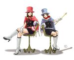  2girls absurdres black_skirt blue_eyes blue_headwear boots brown_hair cape chair club_(shape) crossed_legs earrings eyewear_on_head eyewear_removed gloves gyakuten_saiban gyakuten_saiban_4 hat heart highres houzuki_akane jewelry knee_boots long_hair looking_at_viewer magician multiple_girls naruhodou_minuki noh_masked pink_cape pink_headwear red_neckwear scarf short_hair sidelocks simple_background sitting skirt smile spade_(shape) top_hat wand white_background white_footwear white_gloves 