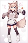  1girl :d animal_ear_fluff animal_ears black_legwear blue_eyes collar commentary dog_collar dog_ears dog_tail fang highres hood hood_down hoodie light_brown_hair long_hair long_sleeves no_pants open_mouth original pouch reitou_mikan smile tail thighhighs 
