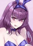  1girl :p absurdres alcohol animal_ears bare_shoulders bow bowtie breasts bunny_ears bunny_girl bunnysuit cleavage cup detached_collar drinking_glass fake_animal_ears fate/grand_order fate_(series) highres leotard long_hair mao_san purple_hair red_eyes scathach_(fate)_(all) scathach_(fate/grand_order) solo strapless strapless_leotard tongue tongue_out upper_body wine wine_glass 