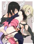  2girls absurdres arm_grab asymmetrical_legwear bandaged_arm bandages bare_shoulders black_hair black_legwear blonde_hair blue_legwear blush breasts clenched_teeth detached_sleeves ear_blush fingerless_gloves fur_trim gloves green_eyes grey_background highres long_hair looking_at_another magilou_(tales) miiii multiple_girls pink_legwear pointy_ears pussy_juice small_breasts speech_bubble tales_of_(series) tales_of_berseria tears teeth thighhighs translation_request two-tone_background velvet_crowe white_background yellow_eyes yuri 