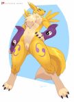  anthro armwear breasts canid clothing digimon digimon_(species) female fur genitals hi_res looking_at_viewer mammal mostly_nude negger nipples pussy renamon solo yellow_body yellow_fur 