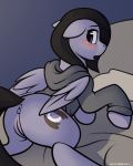  4:5 anus black_mane blush butt clothing cutie_mark equid equine female feral fur genitals grey_body grey_fur hasbro hi_res hoodie looking_back lying lying_in_bed mammal mane my_little_pony open_mouth pegasus pussy solo starless_night_(whitepone) topwear whitepone wings 