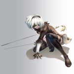  1girl black_blindfold black_footwear black_gloves black_hairband black_legwear blindfold boots breasts cleavage cleavage_cutout gloves hairband highres holding holding_sword holding_weapon katana mole mole_under_mouth nier_(series) nier_automata parted_lips puffy_sleeves short_hair solo sword tarantulaines thigh_boots thighhighs weapon white_hair yorha_no._2_type_b 