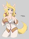  2020 anthro blonde_hair blush bodily_fluids bra breasts canid canine canis clothing domestic_dog eyewear female glasses green_eyes hair looking_away mammal merveille_million mostly_clothed open_topwear simple_background solatorobo solo sweat topwear underwear video_games zerofox1000 