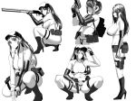  1girl aiming asymmetrical_gloves bag bangs baseball_cap belt bikini boots breasts cleavage elbow_gloves fingerless_gloves gloves gongba_laoge greyscale gun hat high_heels holding holding_gun holding_weapon holster knee_boots large_breasts long_hair micro_bikini monochrome multiple_views one_knee original ponytail pouch rifle simple_background single_elbow_glove swimsuit thigh_holster thigh_strap weapon white_background 