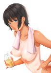  1girl bangs black_hair blue_eyes bottle breasts closed_mouth commentary_request futamine_kobito hand_on_hip highres holding holding_bottle large_breasts navel nipples nude original pink_lips pink_towel short_hair standing swimsuit_tan tan tanline towel towel_around_neck upper_body wet white_background 