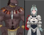  1boy 1girl animal_ears aqua_hair armor blush breasts cleavage cleavage_cutout horns horse_ears horse_girl horse_tail knight loincloth long_hair looking_at_viewer mikazukisou monster_girl muscle original single_horn smile tail unicorn_girl 