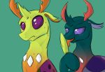  antlers arthropod bodily_fluids changeling duo feral food friendship_is_magic green_body hi_res horn kam licking_popsicle male my_little_pony pharynx_(mlp) popsicle purple_eyes sweat teal_background thorax_(mlp) 