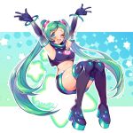  1girl 39 2020 armpits arms_up black_gloves boots breasts detached_sleeves elbow_gloves full_body gloves green_eyes green_hair hatsune_miku headset highres inioli long_hair medium_breasts midriff one_eye_closed open_mouth platform_boots platform_footwear see-through solo space_channel_5 thigh_boots thighhighs twintails twitter_username very_long_hair vocaloid 