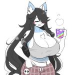  2020 anthro big_breasts black_hair blush blush_stickers bottomwear breasts canid canine canis cleavage clothed clothing domestic_dog ear_piercing ear_ring eyes_closed female hair hair_over_eye holding_cup holding_object huge_breasts inner_ear_fluff long_hair maggie_applebee mammal one_eye_obstructed pants piercing shirt simple_background solo tank_top tattoo theycallhimcake topwear tuft white_background 