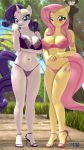  3d_(artwork) 9:16 anthro anthrofied anthroponiessfm areola big_breasts blush bra breasts clothing detailed_background digital_media_(artwork) duo equid equine fluttershy_(mlp) friendship_is_magic hasbro hi_res horn looking_at_viewer mammal my_little_pony outside panties rarity_(mlp) underwear unicorn 