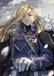  1girl amestris_military_uniform blonde_hair blue_eyes cloud fullmetal_alchemist gloves hair_over_one_eye kadeart lips long_hair military military_uniform olivier_mira_armstrong sky snow snowing solo uniform white_gloves 