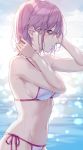  1girl bikini blush breasts collarbone commentary_request fate/grand_order fate_(series) from_side kuroki_(ma-na-tu) large_breasts lavender_eyes lavender_hair looking_at_viewer mash_kyrielight navel parted_lips short_hair side-tie_bikini solo swimsuit water wet white_bikini 