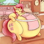  1:1 apron apron_only belly big_belly clock clothed clothing cutie_mark detailed_background english_text equid equine female feral fluttershy_(mlp) food friendship_is_magic fur graphene green_eyes hair hasbro hi_res hooves horse inside kitchen long_hair mammal mostly_nude my_little_pony obese obese_female obese_feral open_mouth overweight overweight_female overweight_feral partially_clothed pink_hair pony smile solo sound_effects story story_in_description text tongue weight_gain yellow_body yellow_fur 