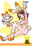  1girl :d animal_ears arm_up bangs boots brown_eyes brown_hair bunny_day bunny_ears bunny_girl bunny_tail bunnysuit commentary_request detached_collar eyebrows_visible_through_hair gen_8_pokemon hairband high_heel_boots high_heels highres leotard looking_at_viewer millipen_(medium) nanamako open_mouth pokemon pokemon_(creature) pokemon_(game) pokemon_swsh scorbunny smile tail tongue traditional_media wrist_cuffs yuuri_(pokemon) 