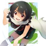  1girl black_hair breasts cape cloak higana_(pokemon) highres looking_at_viewer open_mouth pokemon pokemon_(game) pokemon_oras red_eyes sakura_yayoi short_hair short_ponytail smile solo thighhighs 