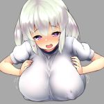  1girl blush breast_squeeze breasts cleavage covered_nipples eyebrows_visible_through_hair grey_background heart heart-shaped_pupils hetero highres huge_breasts looking_at_viewer open_mouth original paizuri paizuri_under_clothes penis pov purple_eyes silver_hair simple_background smile solo_focus symbol-shaped_pupils track_uniform upper_body watari1118 